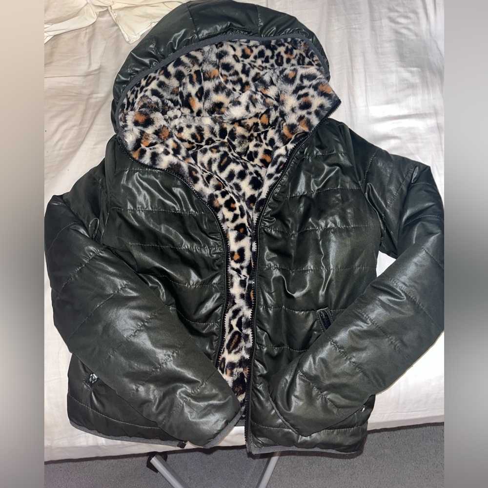 XS Puffer Jacket REVERSIBLE CHEETAH PRINT AND ARMY GREEN